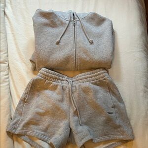 TNA Sweatfleece Cozy Fleece Boyfriend Fit Hoodie and Shorts Set